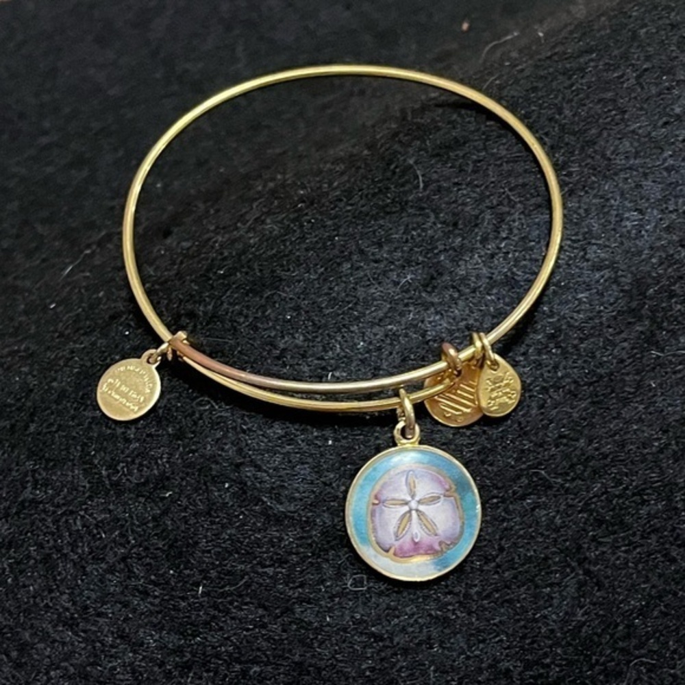 Alex and Ani Gold Bangle with Blue and Purple Sand Dollar Charm